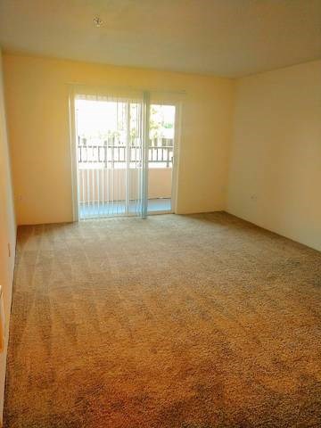 A room with a carpeted floor and a sliding glass door leading outside.