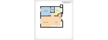 A floor plan of a one bedroom unit with a living room, kitchen, bedroom, and bathroom.