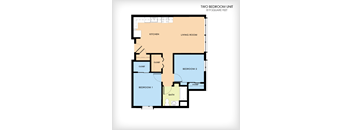 A floor plan of a two bedroom unit with a living room, kitchen, and bathroom.