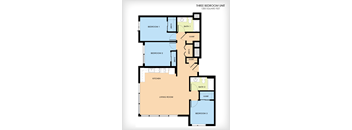 A floor plan of a three bedroom unit with a living room and two bathrooms.