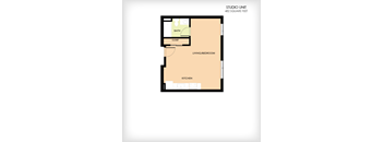 A floor plan of a studio unit with a living/bedroom, kitchen, and closet.