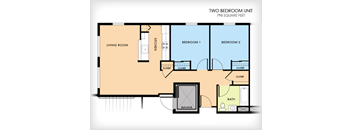 A floor plan of a two bedroom unit with a living room, kitchen, and bathroom.