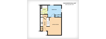 A floor plan of a one bedroom unit with a bath, bedroom, living room, and kitchen.