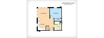A floor plan of a one bedroom unit that is 455 square feet.
