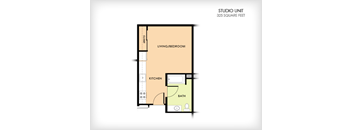 A floor plan of a studio unit with a living/bedroom, kitchen, and bath.