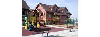 a playground in front of a large house