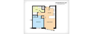 A floor plan of a one bedroom unit that is 530 square feet.