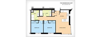 A floor plan of a two bedroom unit with a living room, kitchen, and two bathrooms.