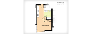 A floor plan of a 429 square feet studio unit with a living/bedroom, bath, and closet.