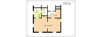 A floor plan of a 400 square feet studio unit with a living/bedroom area, kitchen, and bathroom.