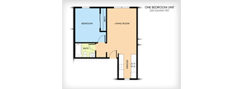 A floor plan of a one bedroom unit that is 530 square feet.