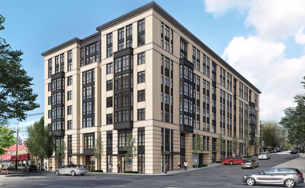 a rendering of an apartment building on a city street