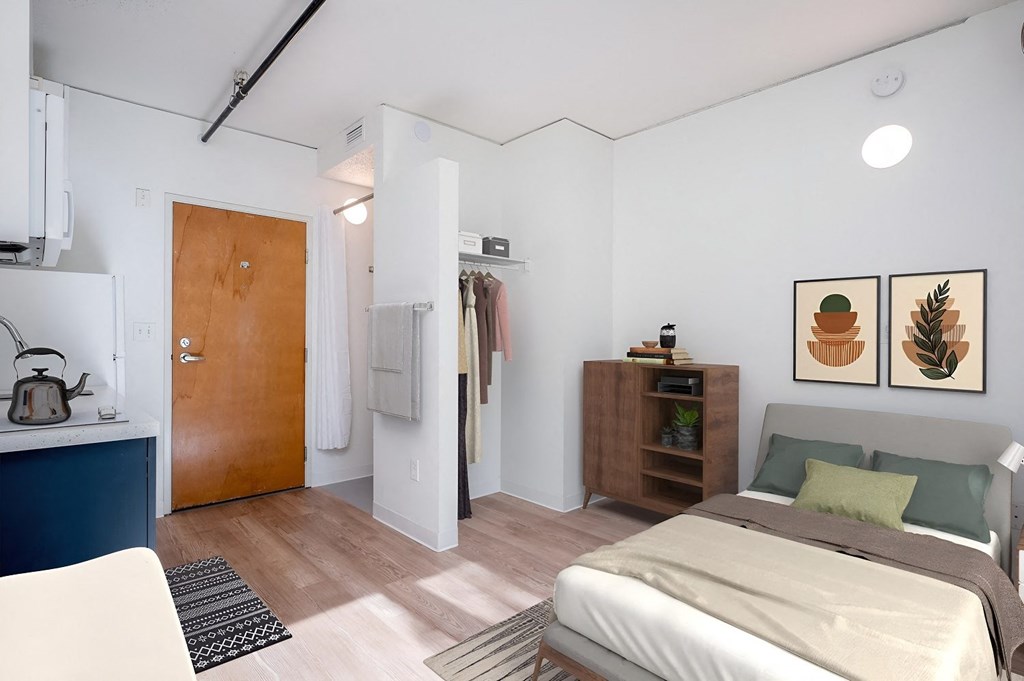 the lobby of a building with a graphic design on the floor