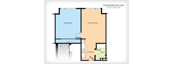 A floor plan of a one bedroom unit with a living room, kitchen, and bath.