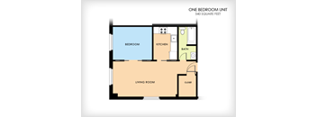 A floor plan of a one bedroom unit that is 540 square feet.