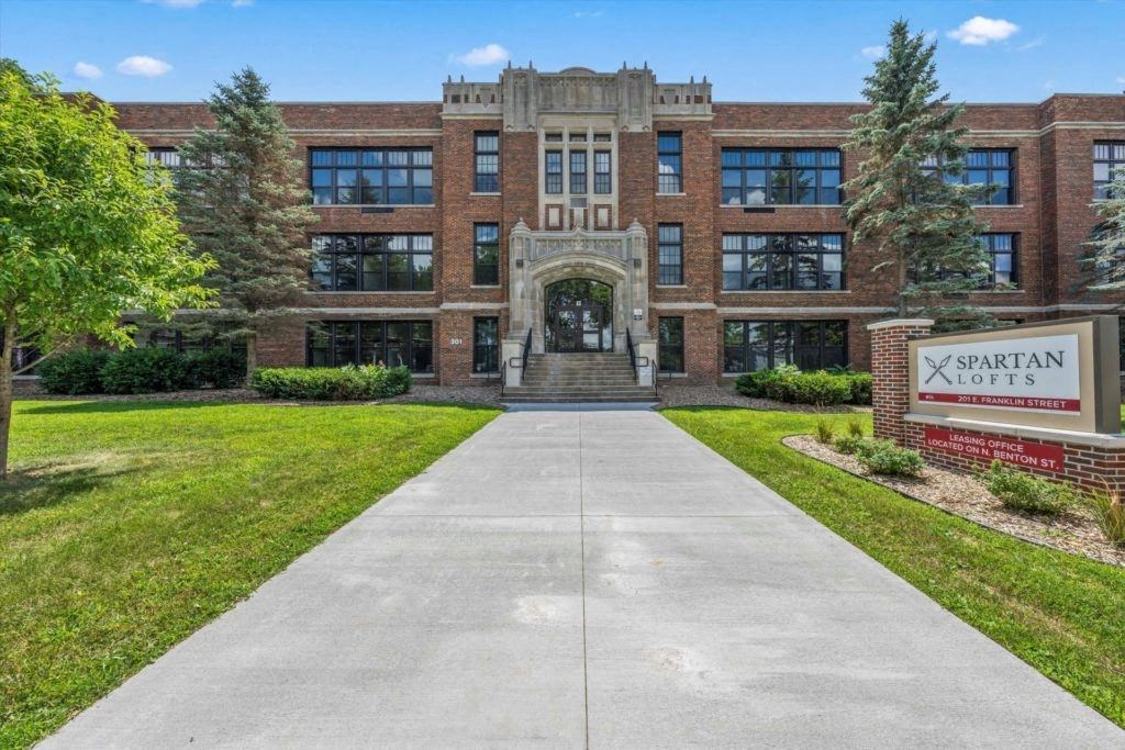 the brick exterior of historic Spartan Lofts in Sparta, WI