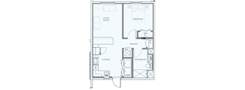 A floor plan of a house with a living room, kitchen, bathroom, and bedroom.