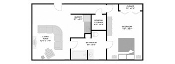 1 bedroom 1 bathroom apartment 572 square feet