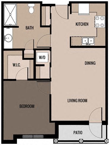 one-bed, one-bath senior apartment floor plan at Harborside Commons in Kenosha, WI