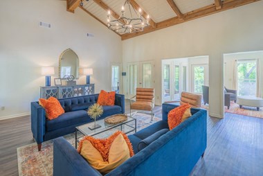 beautiful clubhouse with couches and chandelier at Auburn Flats Apartments