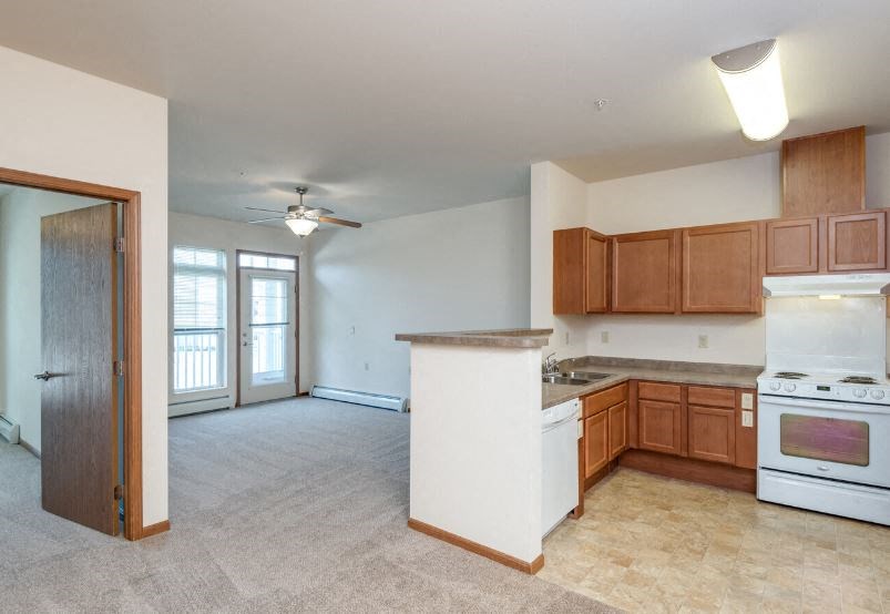 kitchen with ample cabinetry, white appliances, and carpeted entrance and living room