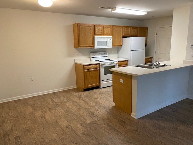 plank flooring in kitchen and living/dining area