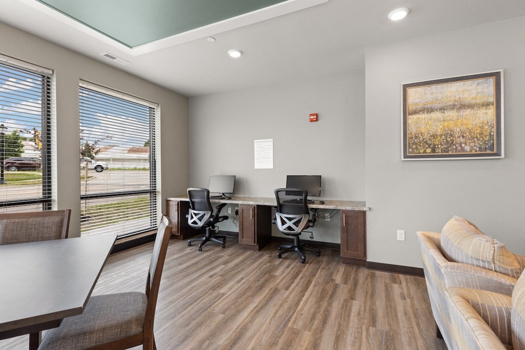 The business center in the clubhouse at River Flats Apartments