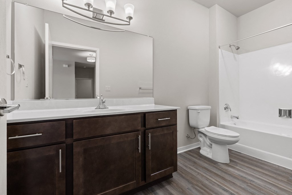 a bathroom with a toilet, tub/shower, sink and a mirror in a River Flats Apartment home