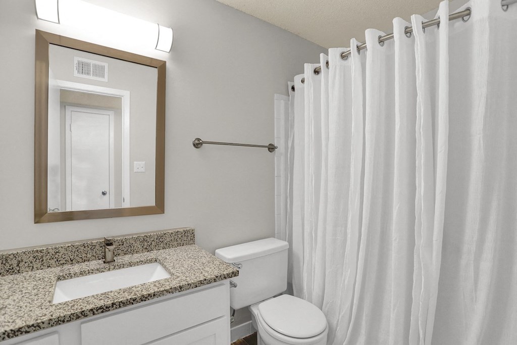 A bathroom with a granite sink vanity, mirror, lighting, toilet, and tub shower in a Rock Creek Apartment home