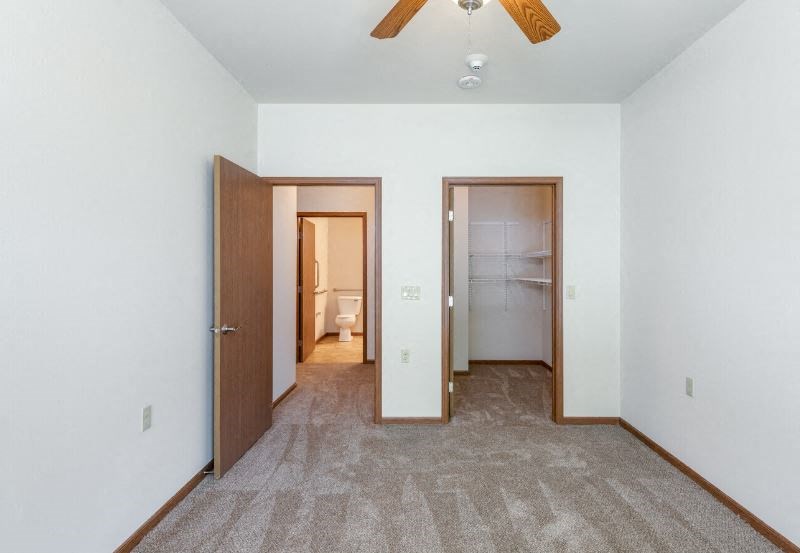 Harborside Commons bedroom with walk-in closet, ceiling fan, and plush carpet