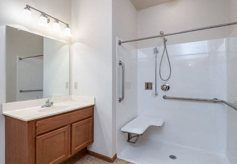 large bathroom with a handicap accessible shower, large sink vanity and mirror at Harborside Commons