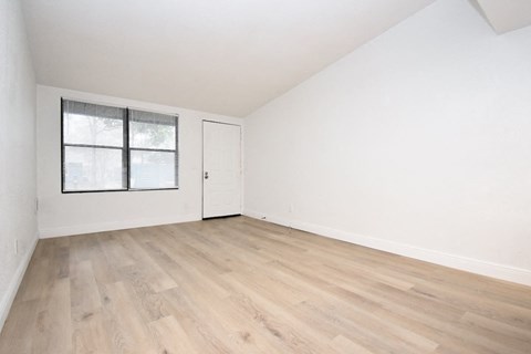 a room with wood-style floors and a large window