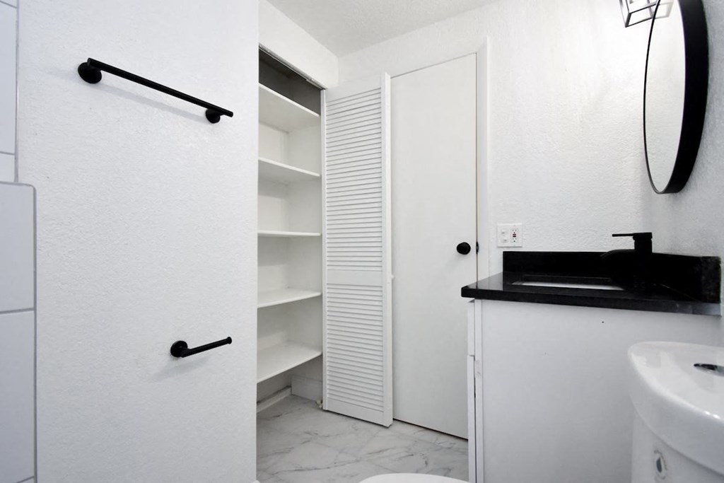 a bathroom with a closet and a toilet and a sink