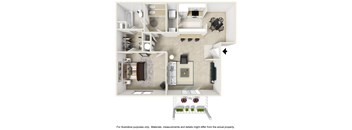 A floor plan of a house with a kitchen, living room, and bathroom.