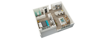 One bedroom one bathroom 751 square foot floor plan  at Huntsville Landing Apartments, Alabama, 35806