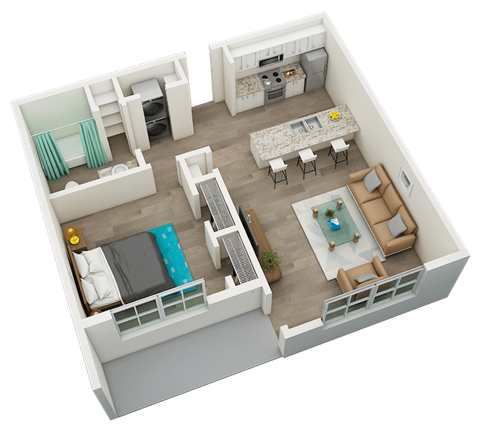 One bedroom one bathroom 751 square foot floor plan  at Huntsville Landing Apartments, Alabama, 35806