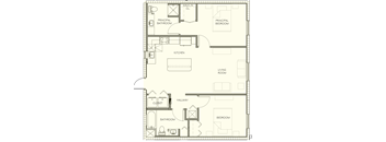 A floor plan of a house with a living room, two bedrooms, a kitchen, a bathroom, and a hallway.