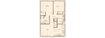 A floor plan of a house with a living room, two bedrooms, a kitchen, a hallway, and two bathrooms.