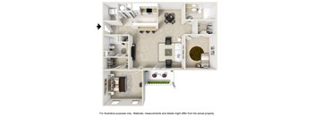 A floor plan of a house with a living room, kitchen, and two bedrooms.