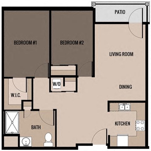 two-bed, one-bath senior apartment floor plan at Harborside Commons in Kenosha, WI