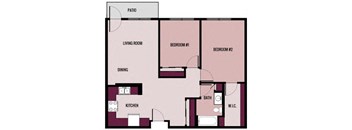 a two-bedroom, one-bathroom 955 square foot apartment floor plan at Algonquin Manor