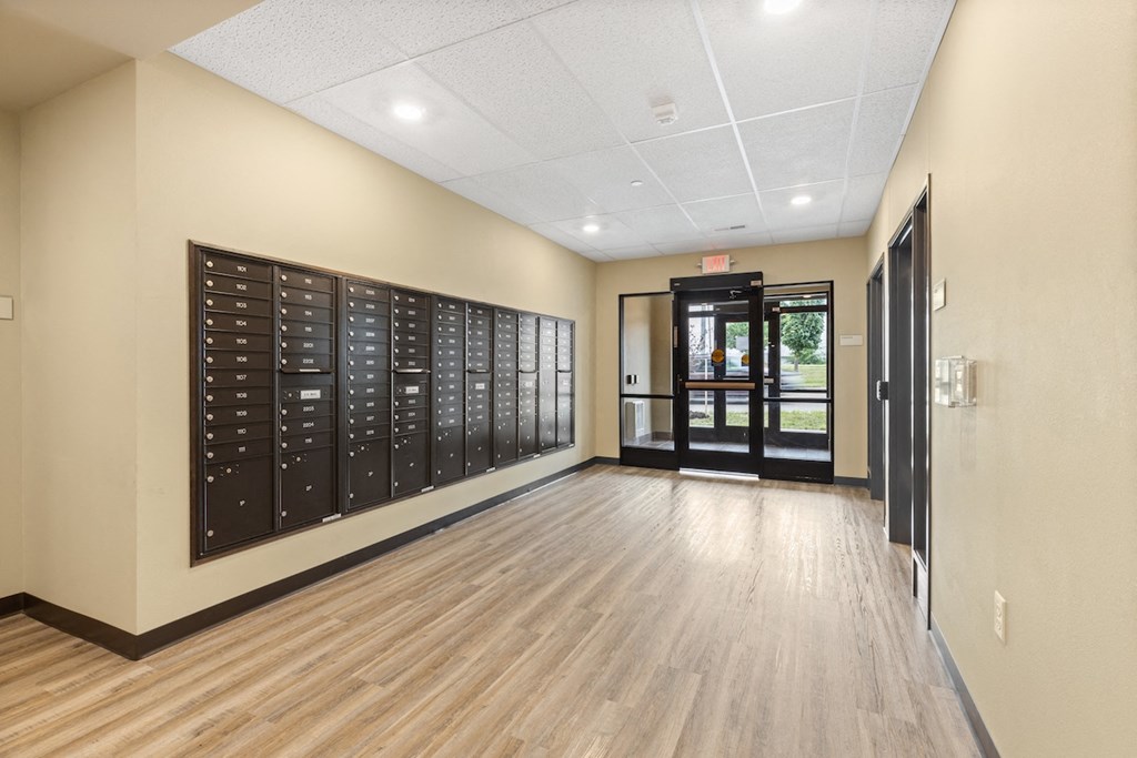 River Flats lobby with resident mailboxes