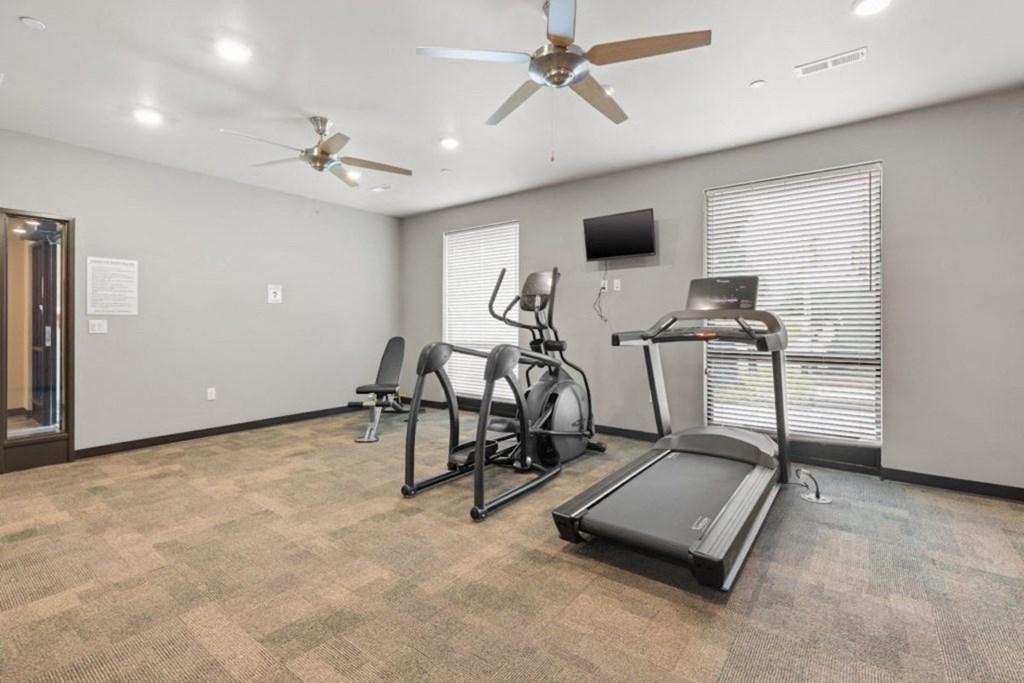 the fitness center with cardio equipment and ceiling fans at River Flats