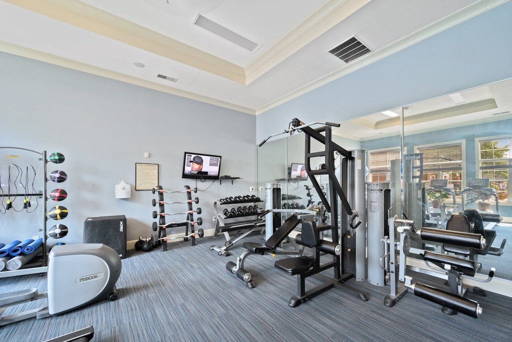 a large fitness center with cardio, strength, free weights, and stretching equipment