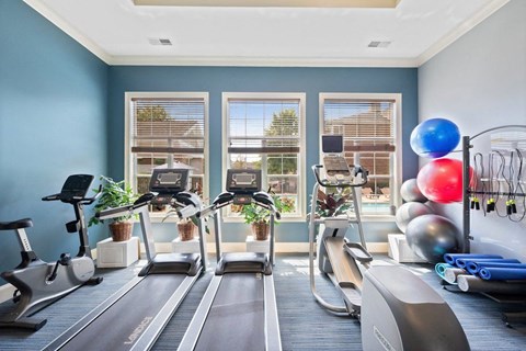 treadmills, bikes, and yoga and stretching equipment in the fitness center at Centerville Manor