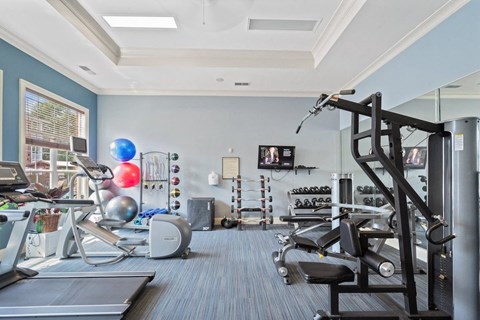 the fully-stocked fitness center at Centerville Manor Apartments