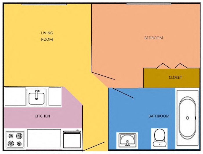 1 bedroom 1 bathroom floor plan with kitchen, living room, and closet