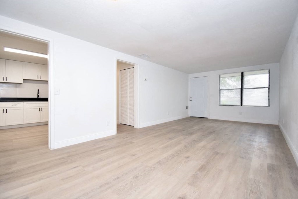 an empty living room and kitchen with white walls and wood-style floors