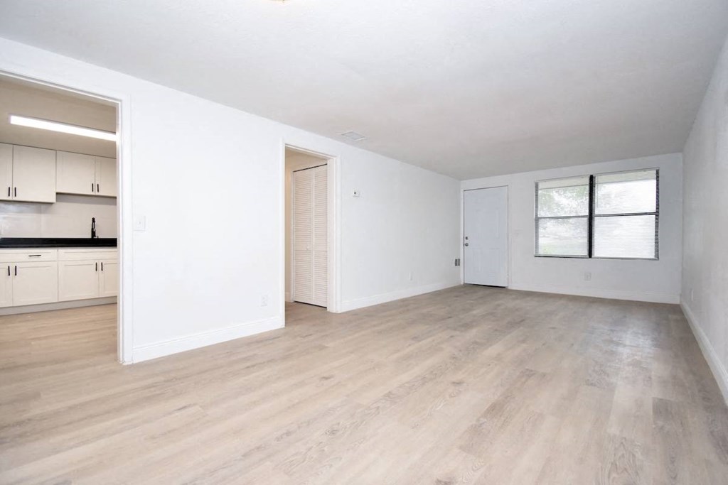 an empty living room and kitchen with white walls and wood-style floors