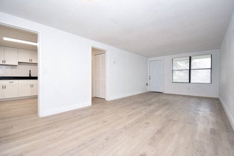 an empty living room and kitchen with white walls and wood-style floors